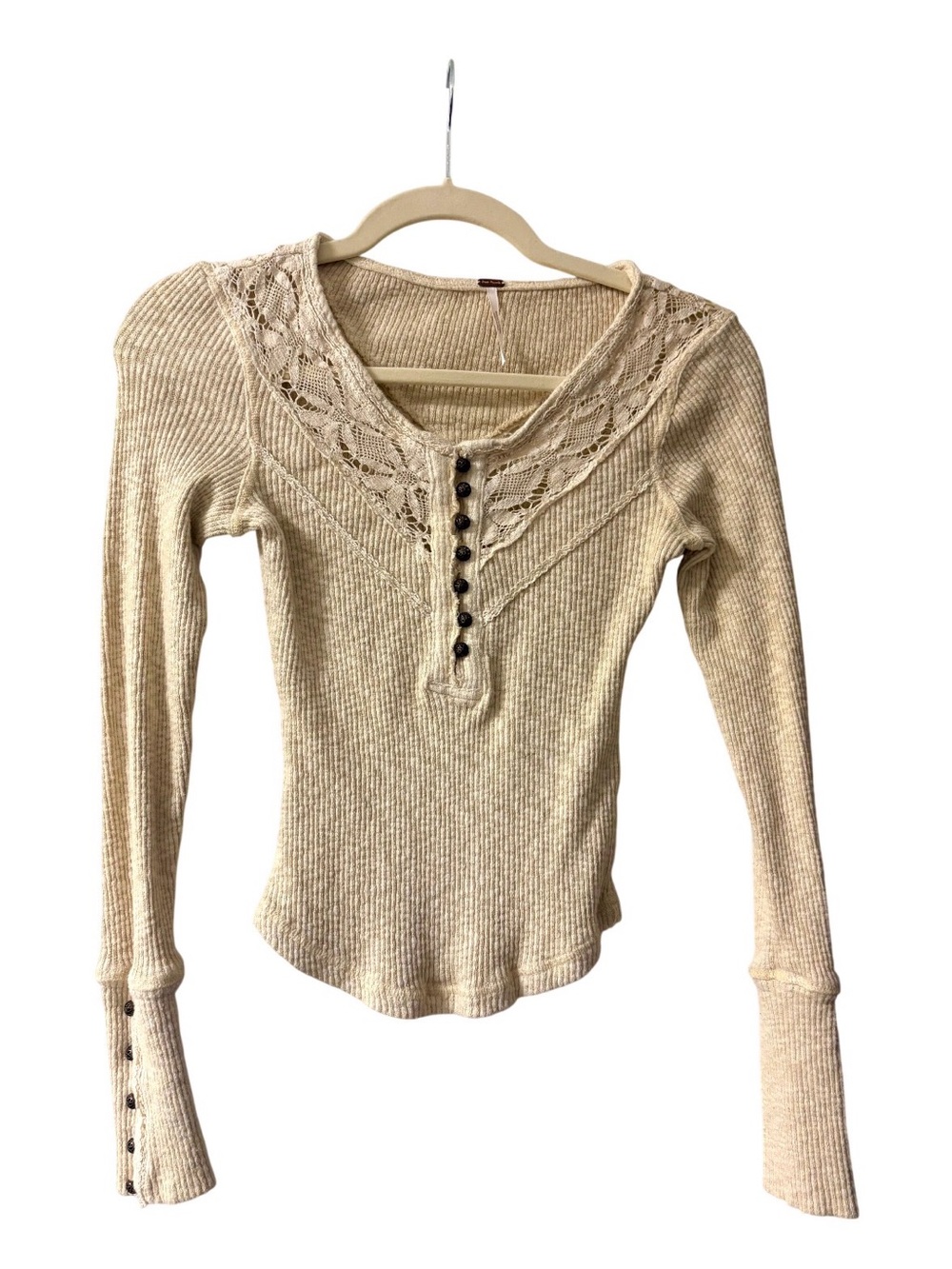 Free People Cream Ribbed Lace-Trim Henley Long Sleeve